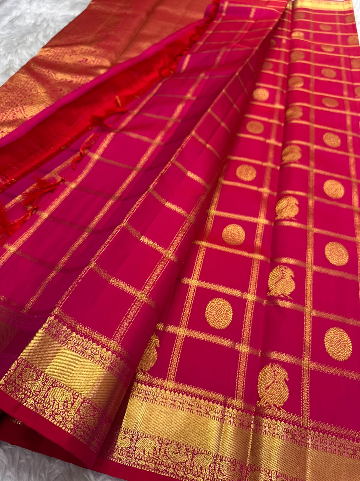 Pure Kanchipuram Handloom Bridal Silk Saree with Zari Beldari Checks